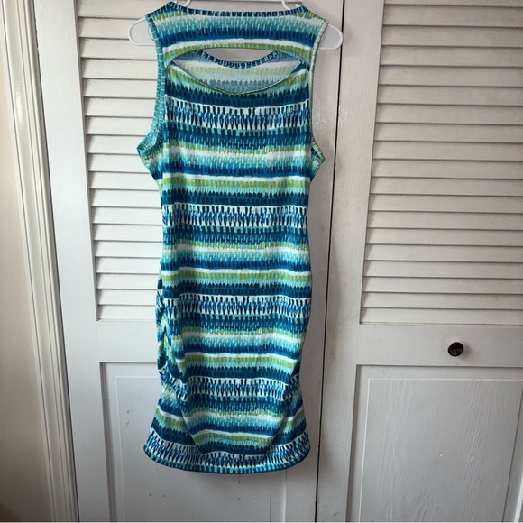Title Nine Sleeveless Ruched Midi Dress Blue Green Print Size Large Sporty - Picture 4 of 6